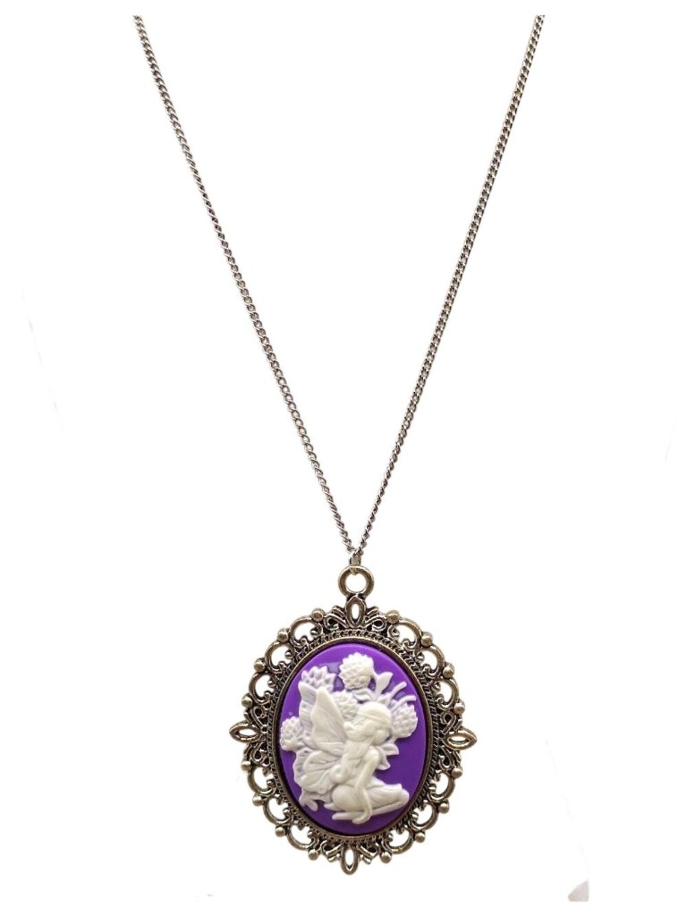 Vintage Purple Fairy Pendant Necklace, Floral Nature Pixie Oval in Silver Tone